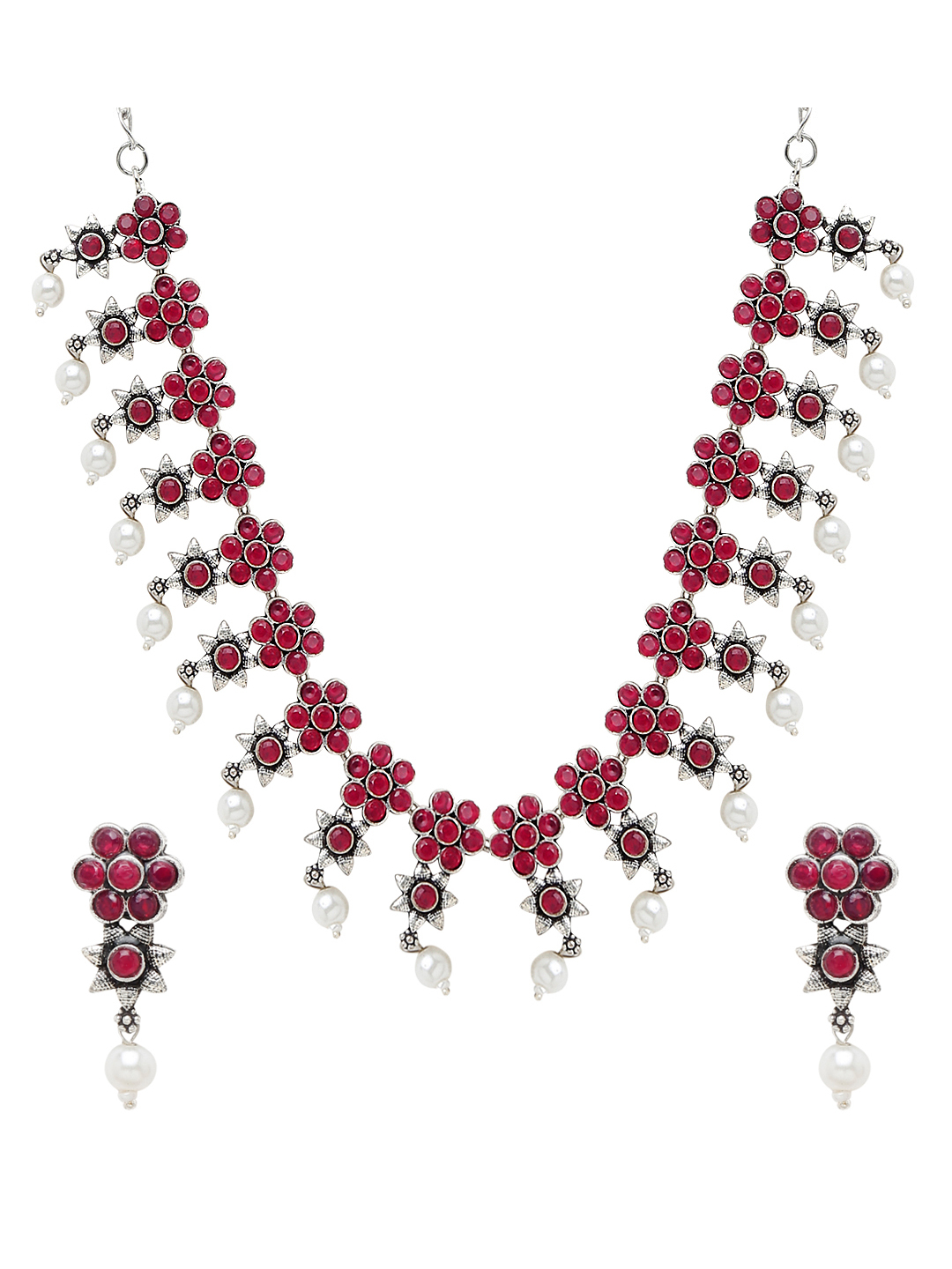 YouBella Jewellery Oxidised Silver Necklace Jewellery Set with Earrings for Girls and Women (Red) (YBNK_50522)